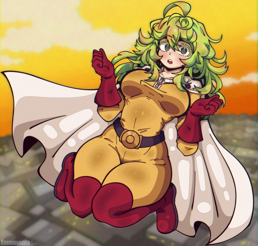 1girl absurdres belt belt_buckle boku_no_hero_academia boots breasts buckle cape cosplay gloves green_eyes green_hair hagakure_toru highres houses in_air jumpsuit large_breasts looking_at_viewer one-punch_man orange_sky red_gloves saitama_(one-punch_man)_(cosplay) saitama_(onepunch_man)_(cosplay) sky solo thick_thighs thighs watermark white_cape wide_hips yellow_jumpsuit zipper