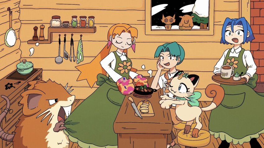 1girl 2boys apron blonde_hair blue_hair butch_(pokemon) cassidy_(pokemon) closed_eyes coffee_mug crossdressing cup drowzee gen_1_pokemon gen_3_pokemon green_hair happy highres james_(pokemon) kireji_naosu kitchen kitchen_knife meowth mug multiple_boys nintendo open_mouth pokemon pokemon_(anime) pokemon_(creature) pokemon_journeys raticate ribbon sableye trap