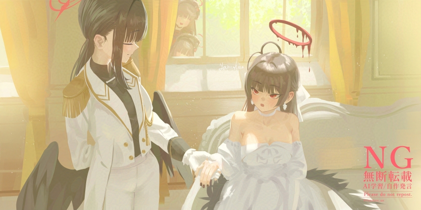 4girls absurdres adversarial_noise antenna_hair arm_behind_back bare_shoulders black_hair black_hat black_nails black_sailor_collar black_shirt black_wings blue_archive blush breasts choker cleavage closed_eyes closed_mouth couch dress feathered_wings hair_between_eyes hat highres holding_hands ichika_(blue_archive) ichika_(suit)_(blue_archive) jacket justice_task_force_member_(blue_archive) large_breasts long_hair looking_at_another multiple_girls official_alternate_costume official_alternate_hairstyle on_couch open_mouth pants ponytail red_eyes red_ribbon ribbon sailor_collar shirt sidelocks sitting smile tsurugi_(blue_archive) tsurugi_(dress)_(blue_archive) wedding_dress white_choker white_dress white_jacket white_pants wings yamaharu_(xxzf7284)