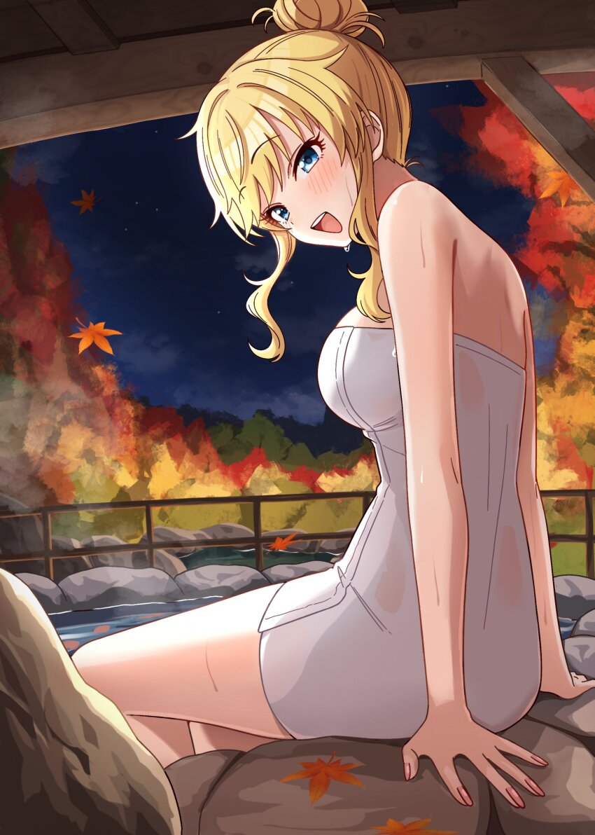 1girl bare_back bare_shoulders blonde_hair blue_eyes blush breasts commentary_request fence hair_bun highres idolmaster idolmaster_cinderella_girls leaf long_hair looking_at_viewer maple_leaf medium_breasts naked_towel niban_(puka_0507) ohtsuki_yui onsen single_hair_bun sitting smile solo steam thighs towel wavy_hair wooden_fence