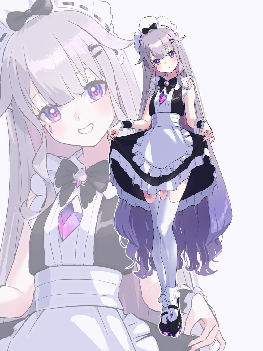 1girl absurdres alternate_costume apron bilingual_commentary black_bow black_bowtie black_dress black_shoes bow bowtie center-flap_bangs chest_jewel closed_mouth collared_dress commentary double-parted_bangs dress english_commentary enmaided frilled_apron frills fueppu full_body garter_straps gem gradient_hair grey_hair grin hair_flaps highres hololive hololive_english jewel_under_eye koseki_bijou long_hair looking_at_viewer maid maid_apron maid_headdress mixed-language_commentary multicolored_hair purple_eyes purple_gemstone purple_hair shoes sidelocks skirt_hold sleeveless sleeveless_dress smile socks solo thighhighs very_long_hair virtual_youtuber waist_apron white_apron white_socks white_thighhighs wrist_cuffs zoom_layer
