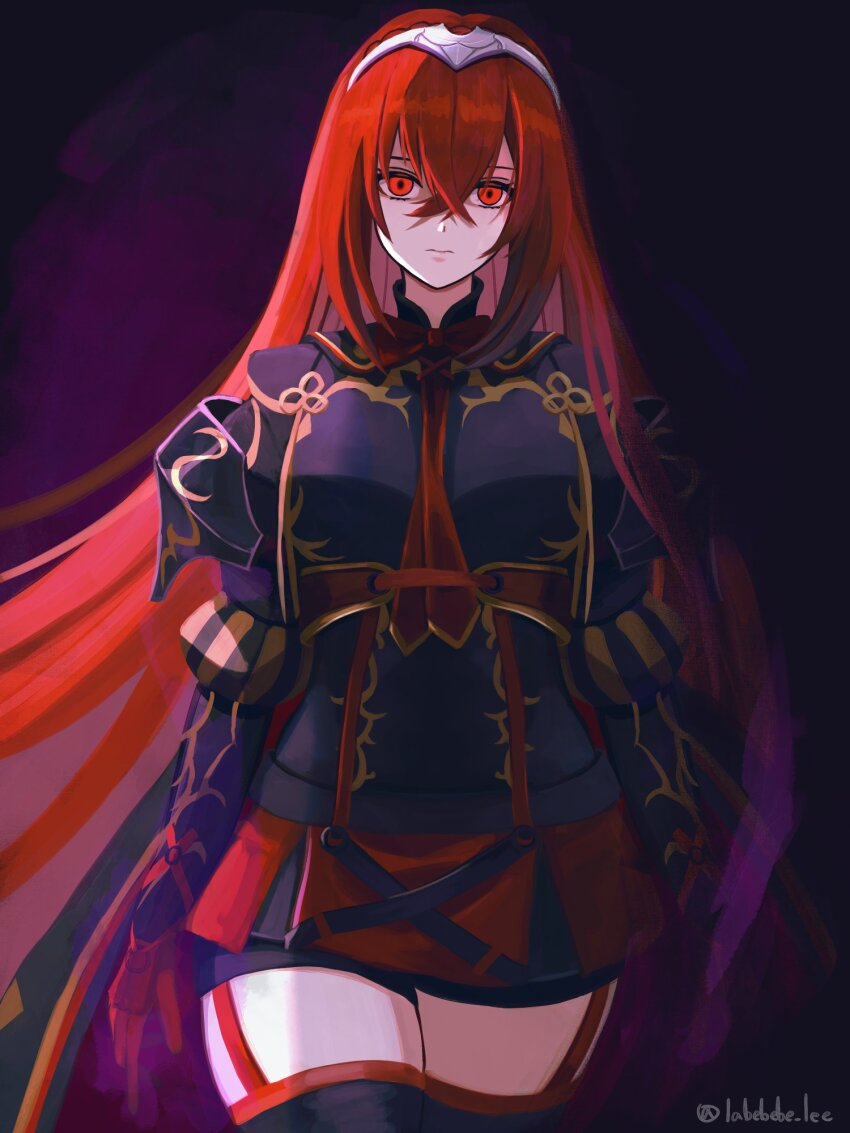1girl braid breasts closed_mouth crossed_bangs crown_braid dark_persona female_alear_(fell_dragon)_(fire_emblem) female_alear_(fire_emblem) female_alear_(red_days_past)_(fire_emblem) fire_emblem fire_emblem_engage fire_emblem_heroes garter_straps gloves hair_between_eyes highres labebebe_lee long_hair looking_at_viewer medium_breasts nintendo official_alternate_color official_alternate_costume official_alternate_eye_color official_alternate_hair_color red_eyes red_hair solo thighs tiara very_long_hair