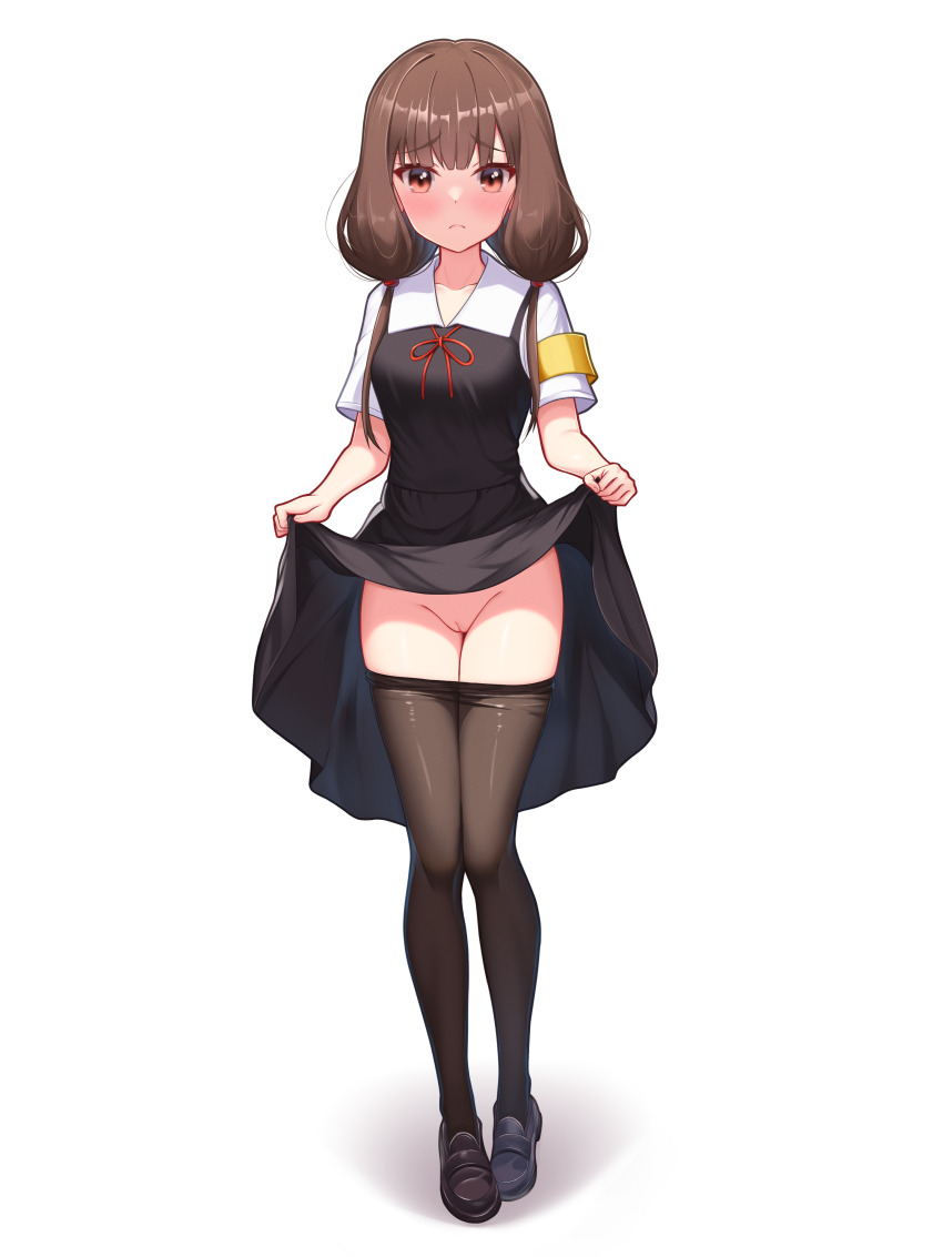 1girl absurdres black_dress black_pantyhose black_shoes blunt_bangs blush brown_eyes brown_hair cleft_of_venus closed_mouth clothes_lift clothes_pull commentary dress english_commentary frown furrowed_brow highres iino_miko kaguya-sama_wa_kokurasetai_~tensai-tachi_no_renai_zunousen~ legs lifting_own_clothes loafers long_hair looking_at_viewer moriforests no_panties pantyhose pantyhose_pull pinafore_dress presenting pussy red_ribbon ribbon school_uniform shirt shoes short_sleeves shuuchiin_academy_school_uniform sidelocks simple_background skirt skirt_lift sleeveless sleeveless_dress solo standing thighs tsurime uncensored white_background white_shirt