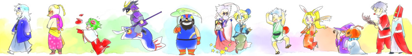 1990s_(style) animal_ears anna_(ff4) antlers armor beard black_hair blonde_hair blue_hair braid cain_highwind cecil_harvey christmas cid_pollendina crossed_arms edward_chris_von_muir edward_geraldine everyone facial_hair final_fantasy final_fantasy_iv fish flower fusoya gloves goggles golbez green_hair grey_hair grin hair_ornament halloween hat highres holiday horns jack-o&#039;-lantern japanese_armor japanese_clothes kimono leaf long_hair long_image masu new_year open_mouth palom photo_(object) polearm ponytail porom pumpkin rabbit_ears reindeer_antlers retro_artstyle riding robe rosa_farrell rydia_(ff4) santa_costume scarf short_hair smile spear staff tellah weapon wide_image witch_hat yang_fang_leiden