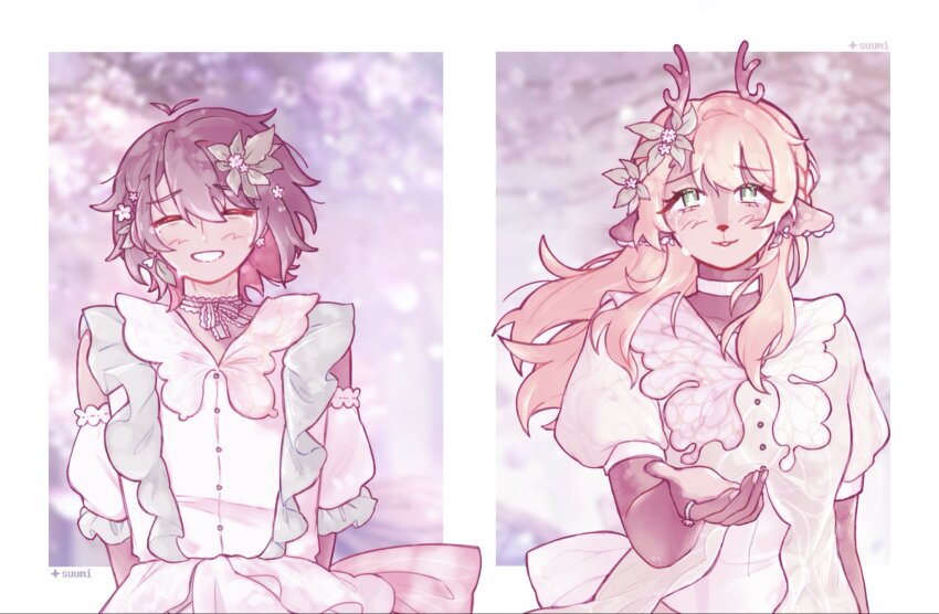 1girl 1other akiyama_mizuki akiyama_mizuki_(cosplay) animal_ears antlers artist_name blonde_hair brown_hair choker closed_eyes commentary cosplay deer_antlers deer_ears deer_girl deltarune detached_sleeves dress english_commentary frilled_dress frills furry furry_female green_eyes hair_ornament highres horns jewelry kris_(deltarune) leaf_hair_ornament long_hair noelle_holiday outstretched_hand puffy_short_sleeves puffy_sleeves ring shinonome_ena shinonome_ena_(cosplay) short_hair short_sleeves smile starsuumi tears utdr_(toby_fox) white_choker white_dress