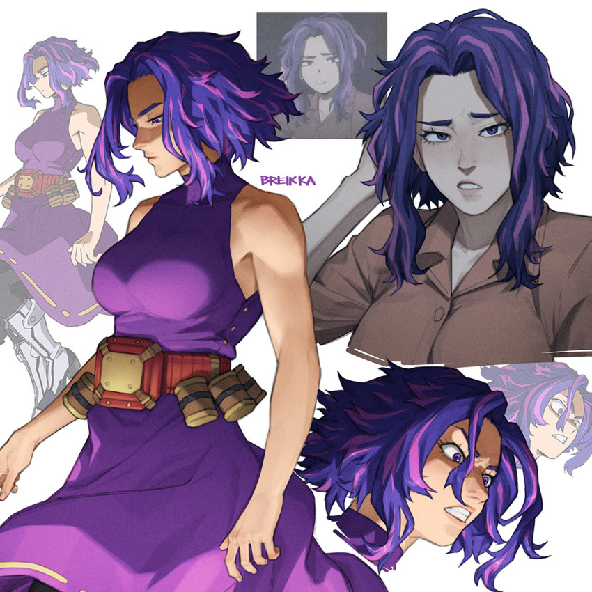 1girl artist_name belt boku_no_hero_academia breikka commentary derivative_work dress english_commentary jumpsuit lady_nagant multiple_views orange_jumpsuit pink_streaks purple_dress purple_eyes purple_hair red_belt screenshot_redraw short_hair sleeveless sleeveless_dress white_background