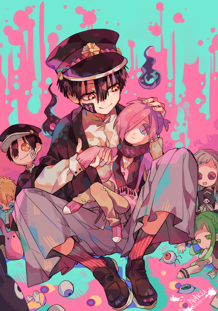 1boy absurdres aqua_background artist_name bishounen black_hat black_jacket black_shoes character_doll closed_mouth colorful disembodied_eye doll double-parted_bangs dress_shirt eyeball full_body grey_pants hair_between_eyes hakama hakama_pants hanako_(jibaku_shounen_hanako-kun) hat hatching_(texture) highres jacket japanese_clothes jibaku_shounen_hanako-kun knee_up layered_clothes layered_sleeves loafers long_bangs long_sleeves looking_at_object male_focus minamoto_kou mitsuba_sousuke mokke_(jibaku_shounen_hanako-kun) nanamine_sakura official_style on_floor open_clothes open_jacket pants pink_background pink_socks ribbed_socks shirt shoes short_hair sitting smile socks solo splatter sticker_on_face stuffed_toy suika_yama two-tone_background voodoo_doll white_shirt will-o&#039;-the-wisp_(mythology) yashiro_nene yellow_eyes yugi_tsukasa