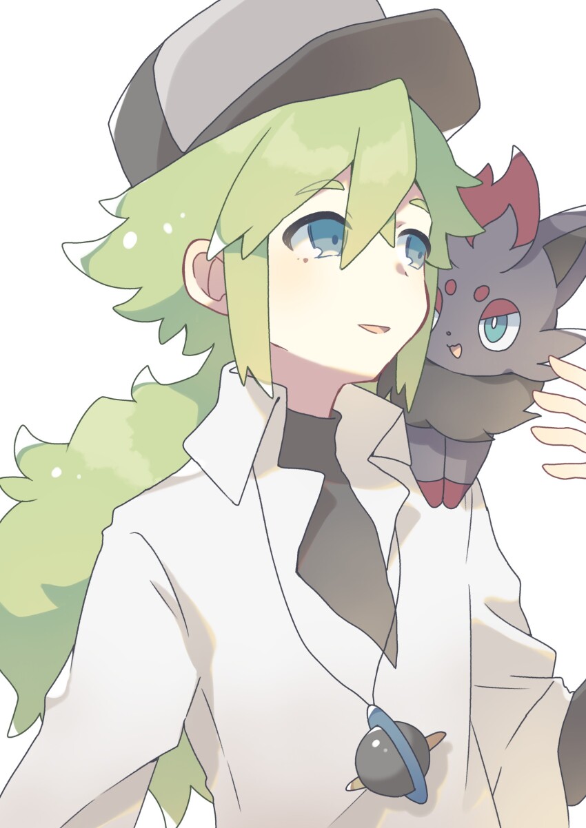1boy absurdres baseball_cap black_headwear blue_eyes gen_5_pokemon green_hair hat highres komano_shia lanyard long_sleeves male_focus n_(pokemon) nintendo pokemon pokemon_bw simple_background undershirt upper_body white_background zorua