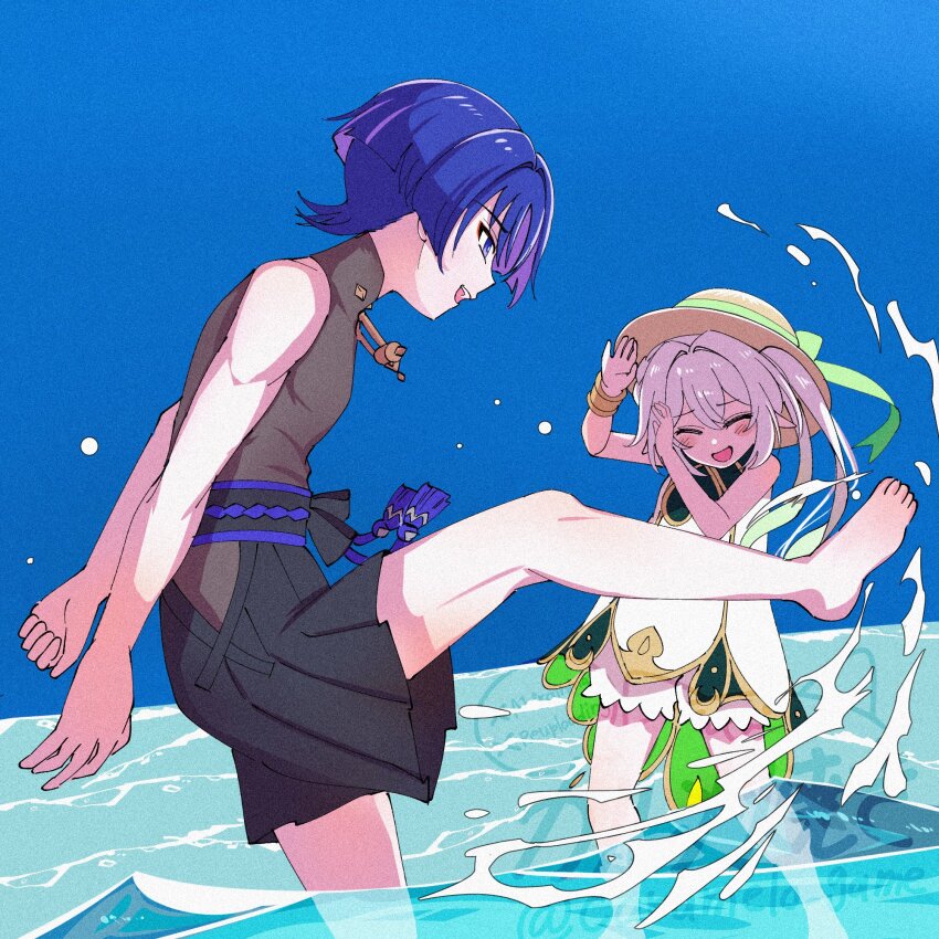 1boy 1girl arms_at_sides barefoot black_shorts bloomers blue_hair blue_sky blunt_ends blush bodysuit bracelet bright_pupils brown_bodysuit brown_hat caramelo_game clear_sky clenched_hand closed_eyes colored_inner_hair colored_tips dress eyelashes eyeliner eyeshadow facing_another foot_up genshin_impact gold gold_trim green_hair hair_between_eyes hakama hakama_shorts hat highres hip_vent japanese_clothes jewelry long_hair looking_at_another makeup mandarin_collar multicolored_hair nahida_(genshin_impact) ocean open_hand open_hands open_mouth outdoors pleated_shorts purple_eyes purple_hair red_eyeliner red_eyeshadow scaramouche_(genshin_impact) shorts side_ponytail sidelocks sky splashing standing sun_hat toes tsurime twitter_username underwear wading wanderer_(genshin_impact) watermark white_bloomers white_dress white_hair white_pupils