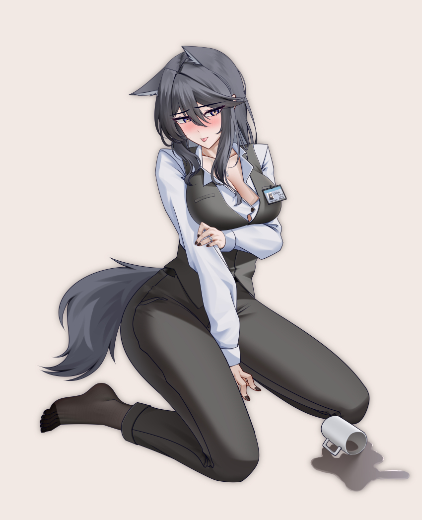 1girl :p absurdres alter_kamerade animal_ears arknights arm_under_breasts black_hair black_nails black_pants black_pantyhose black_tail black_vest blush breasts character_name chinese_commentary closed_mouth collarbone commentary_request cup feet fingernails full_body grey_background hair_between_eyes hair_intakes hand_on_own_arm highres inset jewelry large_breasts long_hair long_sleeves looking_at_viewer mug multicolored_eyes nail_polish no_shoes official_art_inset pants pantyhose partial_commentary purple_eyes ring shirt simple_background sitting solo spill tail texas_(arknights) toes tongue tongue_out two-tone_eyes variant_set vest wariza white_shirt wolf_ears wolf_girl wolf_tail yellow_eyes