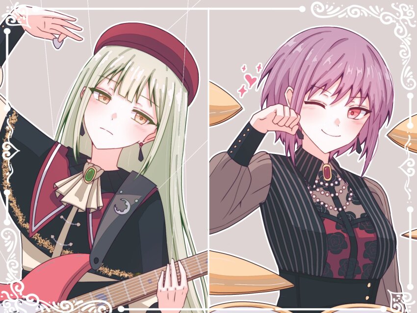 2girls amoris_(bang_dream!) arm_up ascot bang_dream! bang_dream!_it&#039;s_mygo!!!!! black_capelet black_collar black_shirt black_sleeve_cuffs border buttons capelet clenched_hand closed_mouth collar collared_shirt commentary cymbals dot_nose earrings firman_acker floral_print green_brooch green_hair grey_background guitar guitar_strap half-closed_eyes hand_up heart highres holding holding_guitar holding_instrument holding_plectrum instrument jewelry light_blush light_frown long_hair long_sleeves looking_at_viewer moon_print mortis_(bang_dream!) mortis_(costume)_(bang_dream!) multiple_girls one_eye_closed ornate_border outline paw_pose plectrum print_shirt puffy_long_sleeves puffy_sleeves puppet_strings red_brooch red_capelet red_shirt scene_reference see-through_clothes see-through_sleeves shirt short_hair smile striped_clothes striped_shirt two-tone_shirt underbust upper_body very_long_hair wakaba_mutsumi white_outline yellow_eyes yuutenji_nyamu