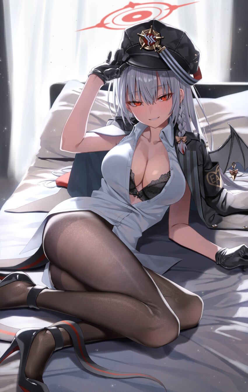 1girl black_bra black_gloves black_pantyhose black_wings blue_archive bra bra_peek braid breasts cleavage demon_wings fake_wings gloves greenkohgen halo hand_up haruna_(blue_archive) hat highres jacket jacket_on_shoulders long_hair looking_at_viewer lying no_pants on_bed on_side pantyhose partially_unbuttoned peaked_cap piercing red_halo shirt side_braid single_wing smile solo underwear white_hair white_shirt wing_piercing wings