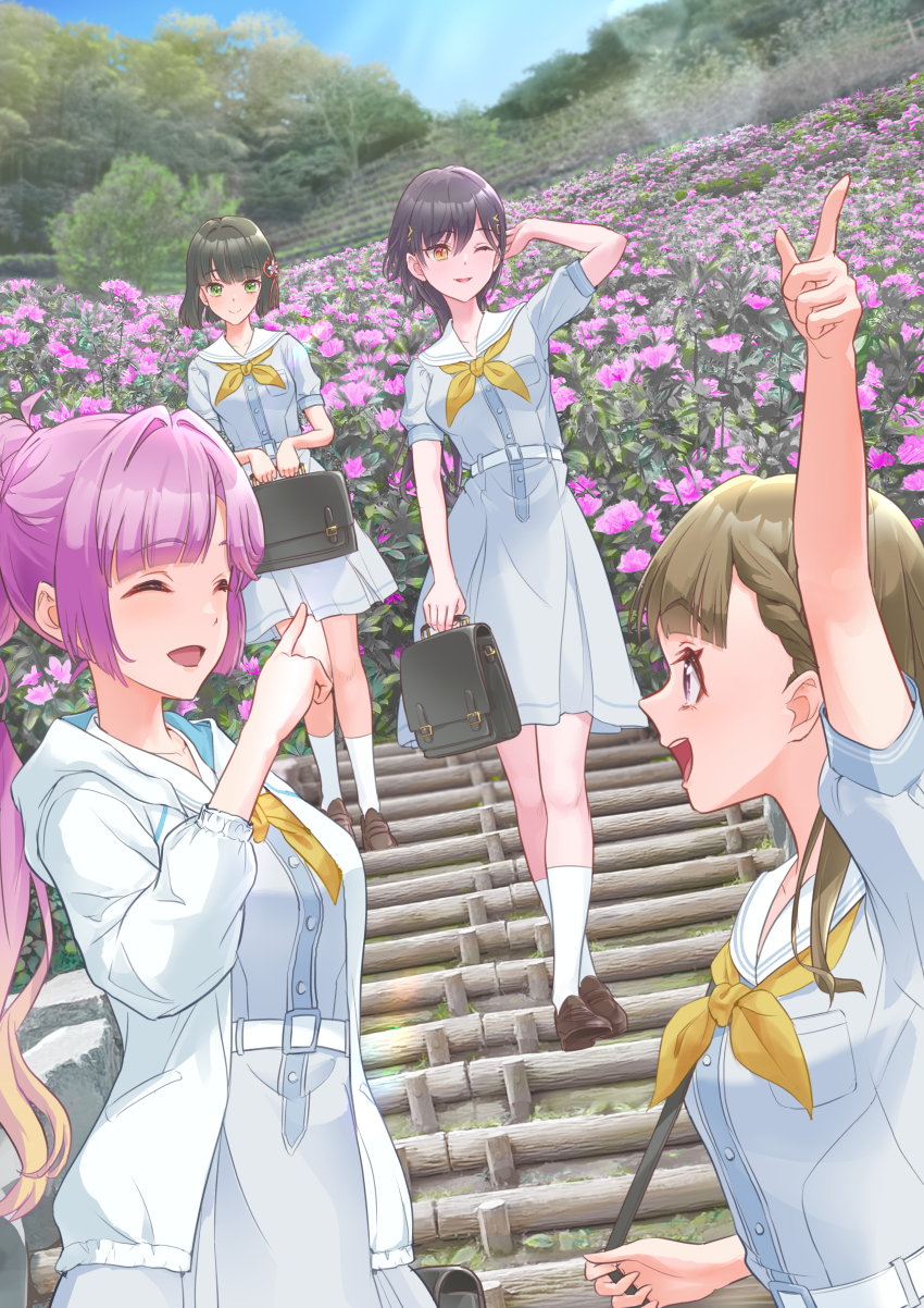 4girls :d ;d ^_^ absurdres anyoji_hime arm_up blonde_hair blue_dress blunt_bangs braid breast_pocket breasts briefcase brown_hair center-flap_bangs closed_eyes closed_mouth commentary dress flower garden gradient_hair hair_intakes hasu_no_sora_school_uniform highres holding holding_briefcase hood hooded_jacket ishikawa_prefecture jacket kachimachi_kosuzu kanazawa_(city) katsuragi_izumi kobassy link!_like!_love_live! long_hair looking_at_another love_live! medium_breasts medium_dress momose_ginko multi-tied_hair multicolored_hair multiple_girls neckerchief one_eye_closed open_clothes open_jacket open_mouth pink_flower pink_hair pleated_dress pocket pointing ponytail profile puffy_short_sleeves puffy_sleeves real_world_location sailor_collar sailor_dress school_briefcase school_uniform short_sleeves side_braids sidelocks smile split_mouth summer_uniform three-quarter_sleeves two-tone_hair utatsuyama_park virtual_youtuber walking white_jacket white_sailor_collar yellow_neckerchief