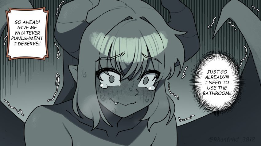 1girl :&gt; anger_vein artist_name bare_shoulders blush closed_eyes collarbone colored_skin commentary demon_girl demon_horns demon_wings english_commentary fang furrowed_brow gargoyle gomulgong grey_hair grey_skin highres horns long_hair monster_girl nose_blush original pointy_ears skin_fang speech_bubble tearing_up thought_bubble trembling twitter_username upper_body v-shaped_eyebrows wings