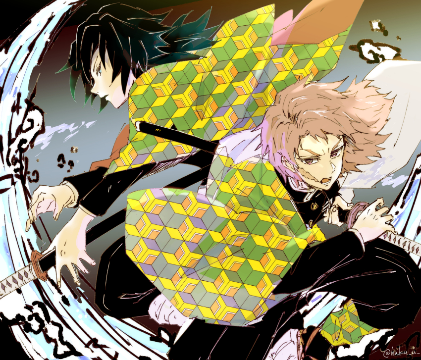 2boys alternate_universe aqua_hair black_hair blue_eyes checkered_haori colored_tips demon_slayer_uniform from_side gradient_hair green_hair haori highres holding holding_sword holding_weapon japanese_clothes katana kimetsu_no_yaiba long_hair long_sleeves looking_at_viewer male_focus multicolored_hair multiple_boys open_mouth pink_hair profile purple_eyes sabito_(kimetsu) scar scar_on_face sheath sideways_glance sword tomioka_giyuu unsheathing utsumi_haku water weapon