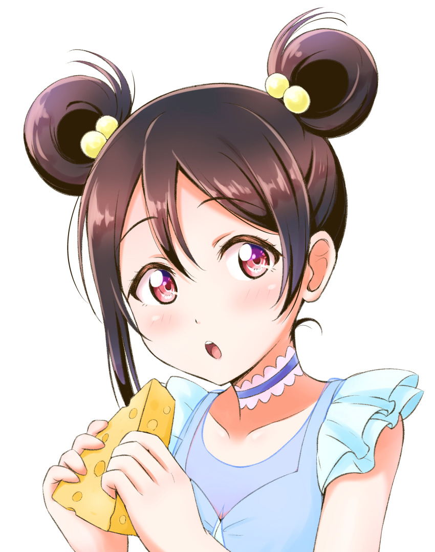1girl :o absurdres alternate_hairstyle black_hair blue_choker blush cheese choker ckst double_bun female_focus food frills hair_bobbles hair_bun hair_ornament highres holding holding_food love_live! love_live!_school_idol_project red_eyes sideways_glance simple_background single_sidelock solo upper_body white_background yazawa_nico yume_no_tobira