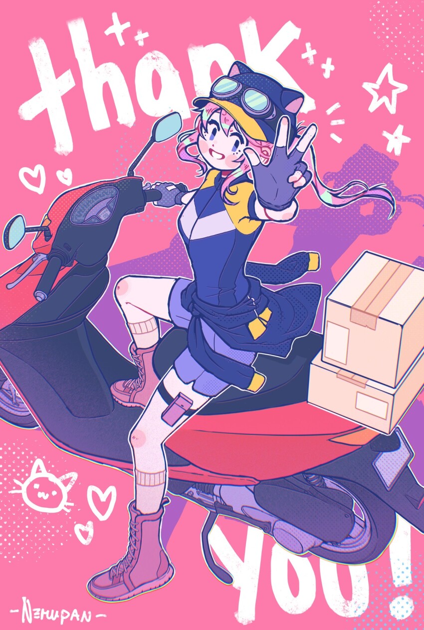 1girl animal_ear_headwear animal_hat arm_up baseball_cap black_gloves blue_eyes blue_hat blush_stickers box cardboard_box cat_hat commentary english_commentary fake_animal_ears fingerless_gloves foreshortening full_body gloves goggles goggles_on_headwear hand_up hat highres jacket long_hair looking_at_viewer motor_vehicle nemupan no_sclera pink_background pink_hair pink_theme ponytail pouch scooter shorts sidelocks sitting solo steam_(platform) steam_delivery_girl thank_you thigh_pouch thigh_strap white_mouth