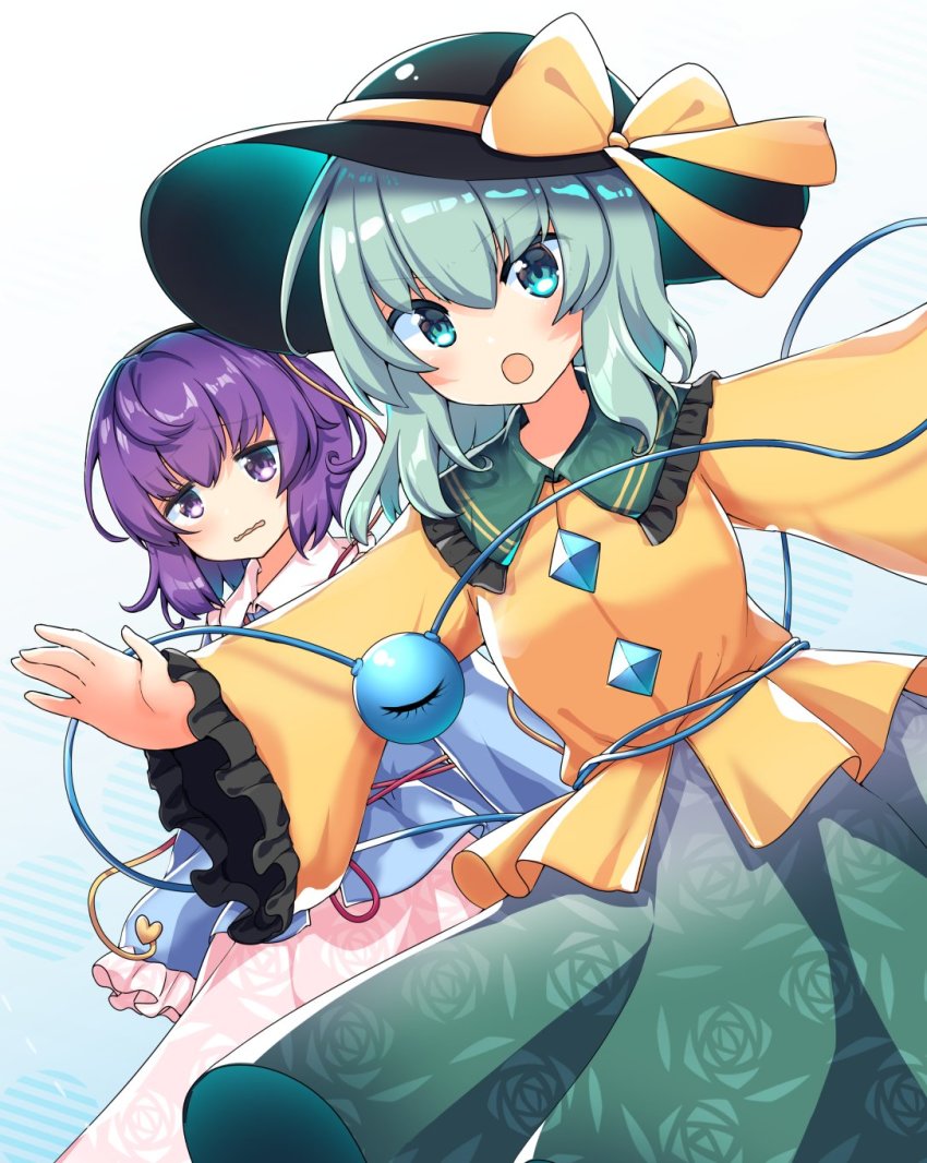 2girls black_headwear blue_background blue_shirt bow buttons collared_shirt commentary_request diamond_button dutch_angle eyeball floral_print frilled_shirt_collar frilled_sleeves frills green_eyes green_hair green_skirt hat hat_bow hat_ribbon heart heart_button heart_of_string highres komeiji_koishi komeiji_satori long_sleeves medium_hair multiple_girls open_mouth pink_skirt purple_eyes purple_hair rapameri ribbon rose_print shirt short_hair siblings sisters skirt third_eye touhou wavy_hair wide_sleeves yellow_shirt