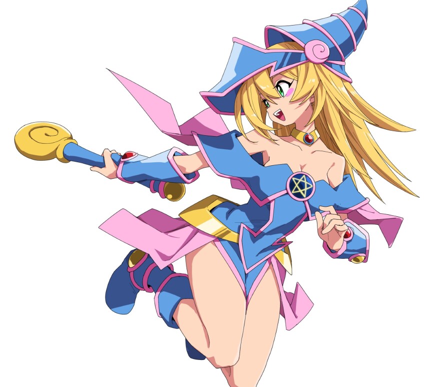 1girl bare_shoulders blonde_hair blue_boots boots breasts cleavage commentary dark_magician_girl duel_monster green_eyes hat highres holding holding_wand jewelry long_hair neck_ring open_mouth pentacle showgirl_skirt simple_background solo star_(symbol) wand white_background wizard_hat yachima_tana yu-gi-oh!