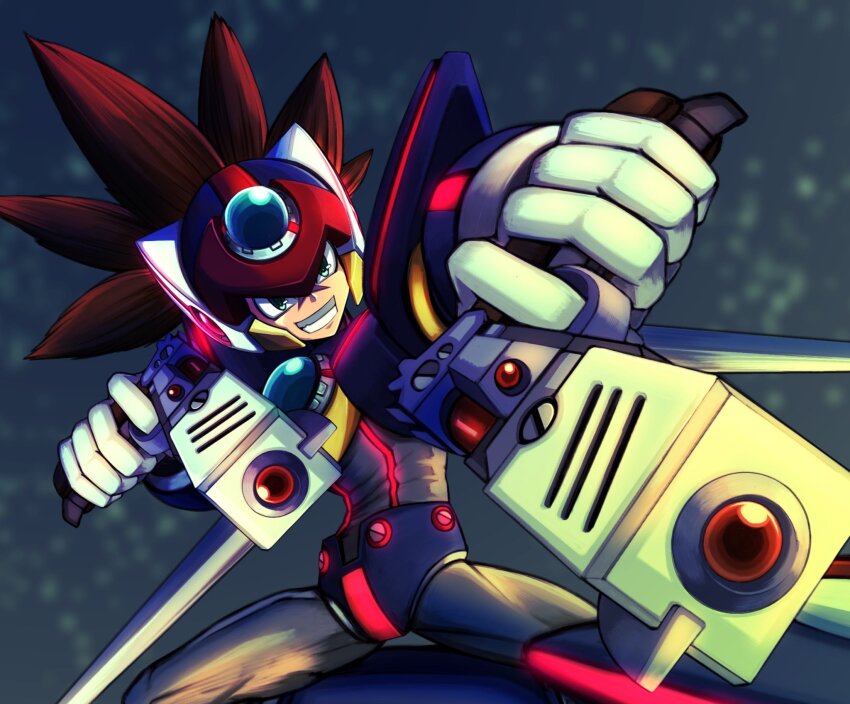1boy agetatekoron2 aiming aiming_at_viewer android armor axl_(mega_man) black_armor black_helmet brown_hair chest_jewel cowboy_shot cross_scar dual_wielding energy_gun finger_on_trigger forehead_jewel helmet highres holding long_hair male_focus mega_man_(series) mega_man_x_(series) open_mouth red_helmet scar scar_on_face shoulder_armor smirk solo spiked_hair teeth weapon