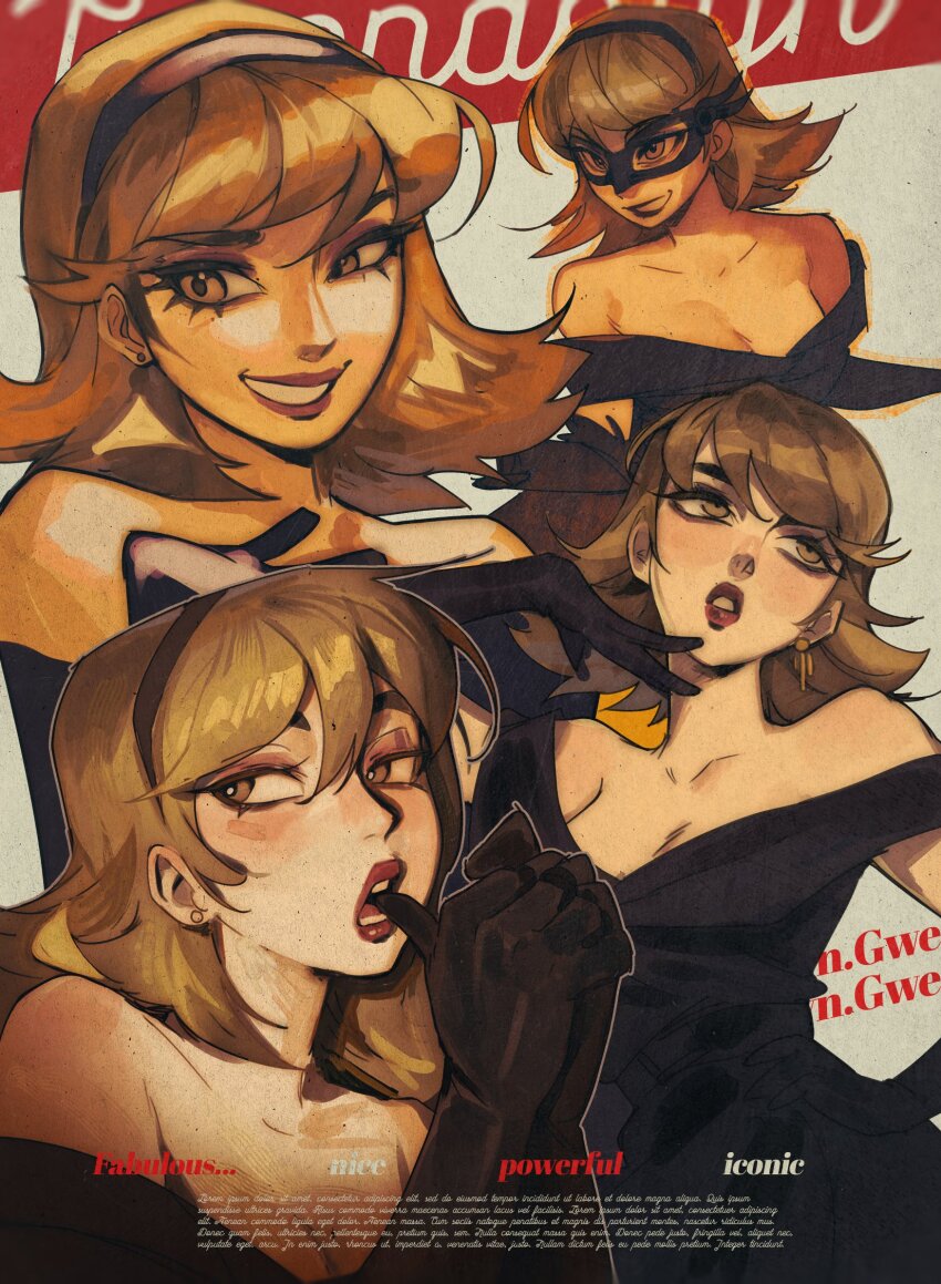 1girl alexartxvi bare_shoulders blonde_hair breasts cleavage collarbone cover earrings fake_cover gloves highres jewelry lipstick looking_at_viewer makeup mask multiple_views open_mouth original smile solo teeth yellow_eyes