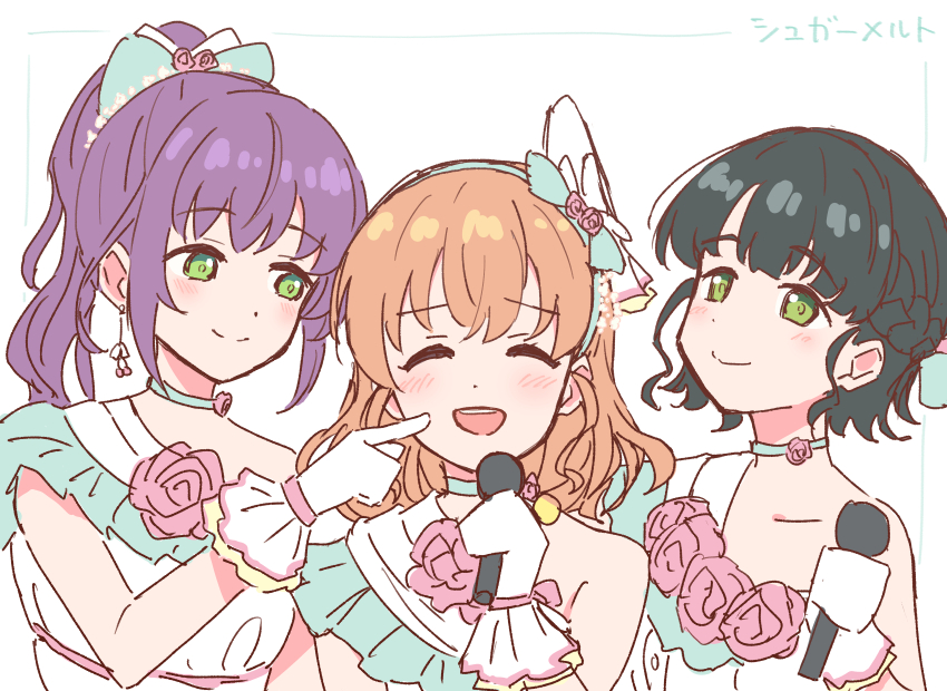 3girls 4th_live_dream_~bloom_the_dream_believers~ :d ^_^ aqua_bow aqua_choker black_hair blush bow braid cerise_bouquet cheek_poking choker closed_eyes closed_mouth collarbone commentary dress facing_viewer flipped_hair flower flower-trimmed_dress flower_choker frilled_gloves frills gloves green_eyes hair_bow half_up_braid high_ponytail highres hinoshita_kaho holding holding_microphone link!_like!_love_live! long_hair looking_at_another love_live! medium_hair microphone momose_ginko multiple_girls nogreen open_mouth orange_hair otomune_kozue pink_flower pink_rose poking ponytail purple_hair raised_inner_eyebrows rose short_hair sidelocks simple_background single-shoulder_dress single_bare_shoulder smile song_name split_mouth sugar_melt_(love_live!) teeth translation_request upper_body upper_teeth_only virtual_youtuber white_background white_dress white_gloves yume_wazurai