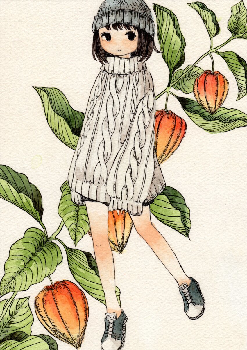 1girl absurdres black_eyes black_hair chinese_lantern_(plant) fujitoma full_body grey_footwear grey_headwear highres long_sleeves looking_at_viewer original painting_(medium) simple_background skullcap sleeves_past_wrists solo standing sweater traditional_media watercolor_(medium) white_sweater