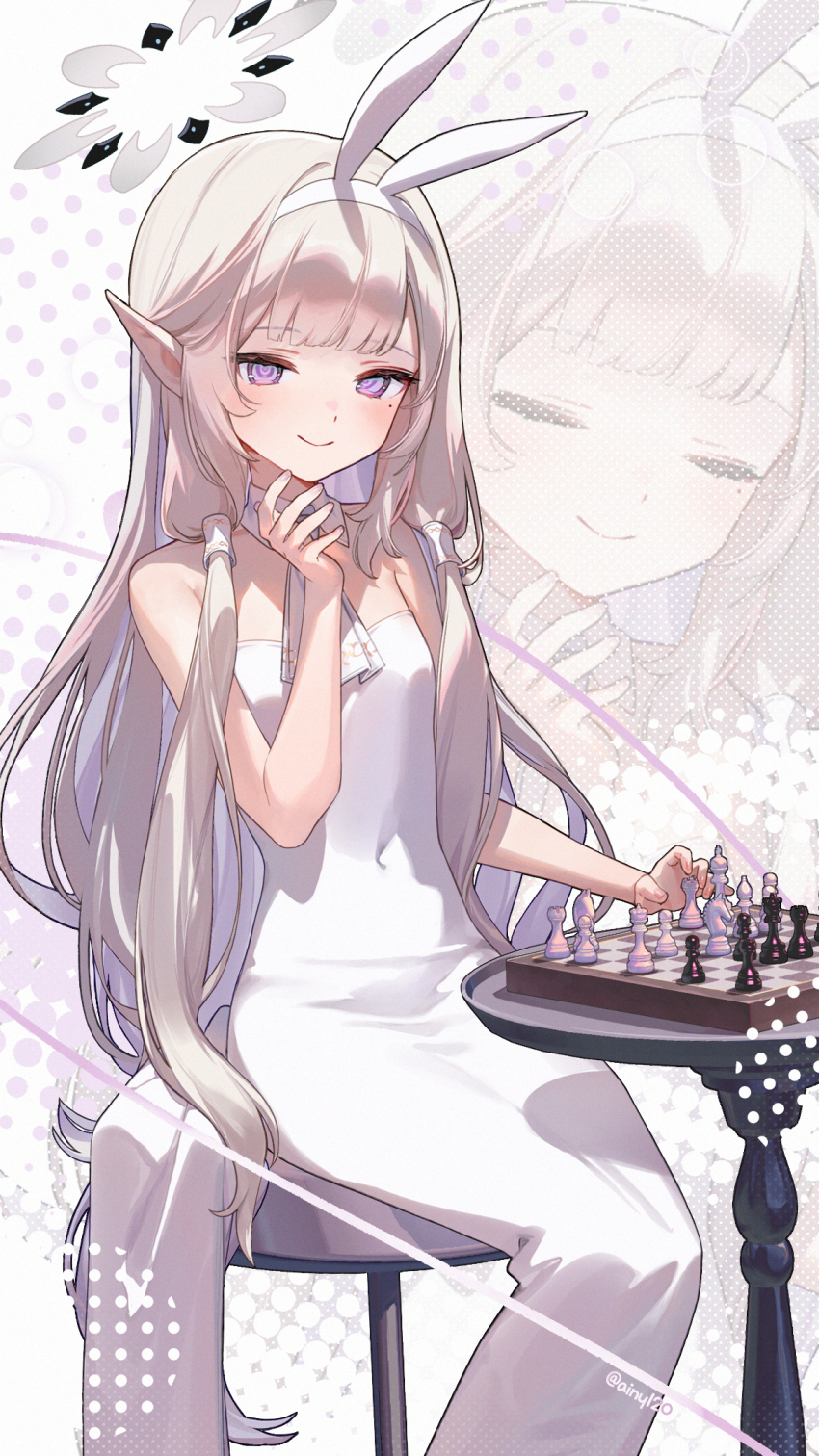 1girl ainy animal_ears blue_archive blush board_game chess closed_eyes closed_mouth commentary_request covered_navel dress fake_animal_ears grey_hair hair_tubes heart heart-shaped_pupils highres himari_(blue_archive) long_hair looking_at_viewer mole mole_under_eye pointy_ears purple_eyes rabbit_ears round_table sitting smile symbol-shaped_pupils table white_dress zoom_layer