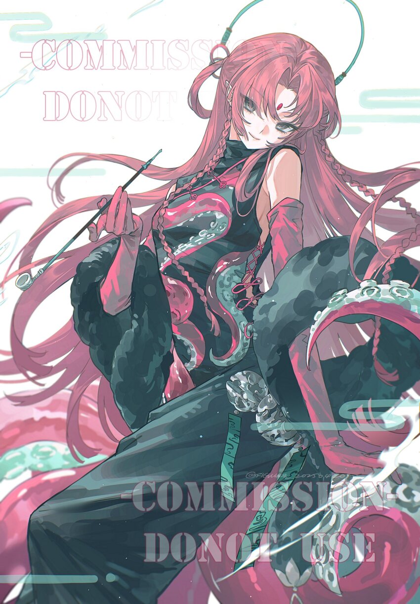 1girl armpits bare_shoulders braid china_dress chinese_clothes commission cowboy_shot dragon_print dress elbow_gloves english_text gloves green_dress grey_eyes highres holding looking_to_the_side original pointy_ears red_gloves red_hair smile solo tacfigure watermark