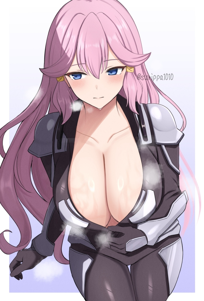 1girl black_bodysuit black_gloves blue_eyes blush bodysuit breasts cleavage closed_mouth collarbone gloves hair_between_eyes hair_tie highres huge_breasts kakumeiki_valvrave long_hair looking_to_the_side outa_nao pink_hair solo steaming_body surippa1010 sweat thigh_gap thighs twitter_username two-tone_background white_background