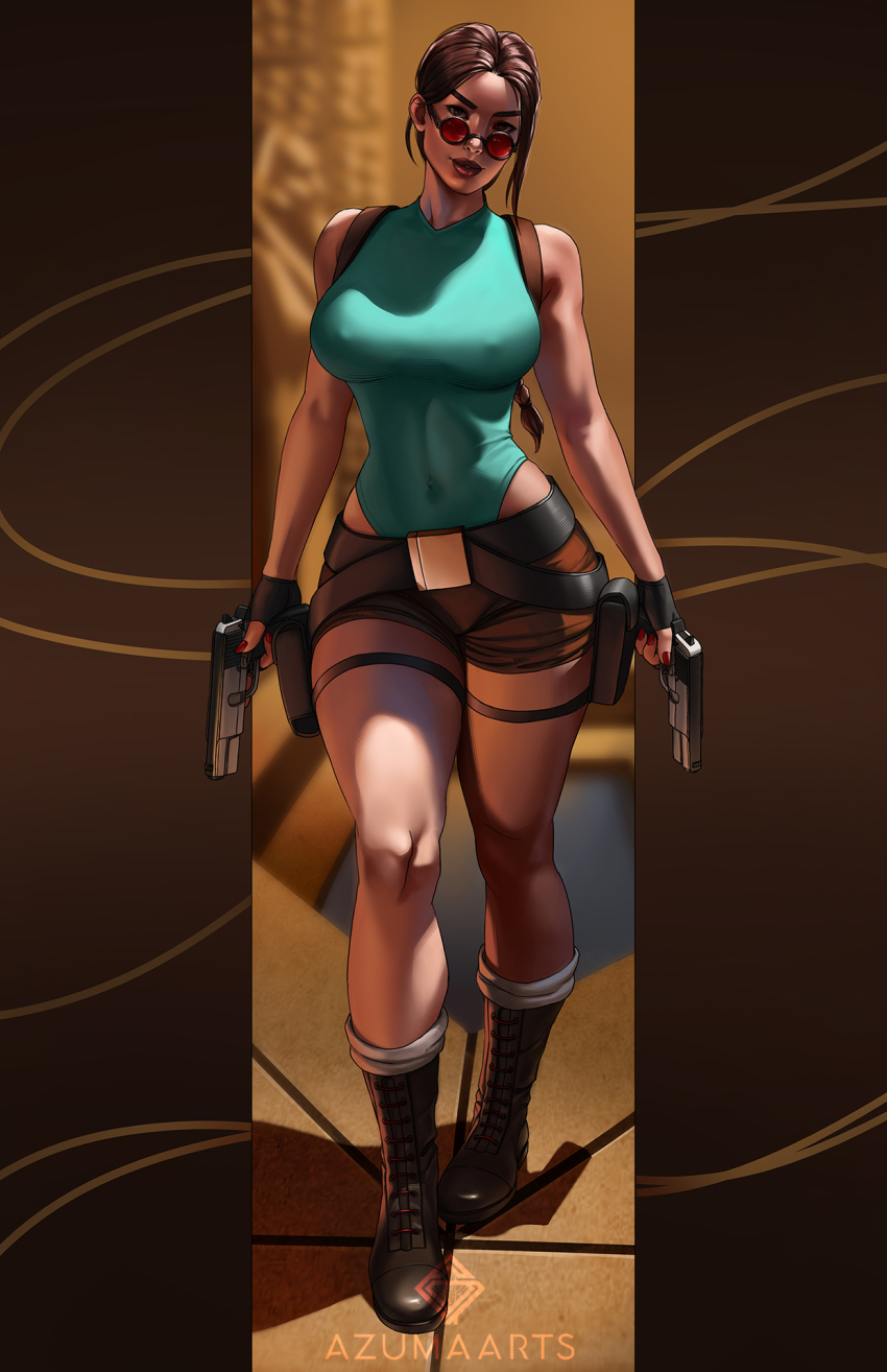 1girl aqua_leotard artist_name azuma_yasuo braid braided_ponytail breasts brown_eyes brown_hair commentary commission covered_erect_nipples covered_navel dual_wielding english_commentary fingerless_gloves gloves gun handgun highres holding holding_gun holding_weapon holster lara_croft leotard long_hair pillarboxed red-tinted_eyewear red_nails round_eyewear shorts leotard solo tinted_eyewear tomb_raider weapon