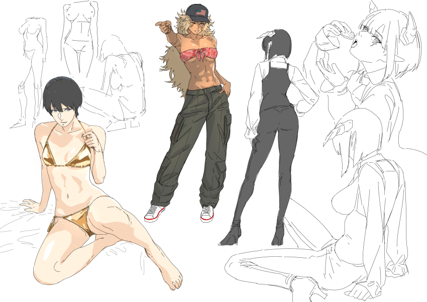 abs absurdres argent_moon baseball_cap bikini black_hair cargo_pants demon_horns gold_bikini gyaru hand_in_pocket hat high_heels highres hime-sama_&quot;goumon&quot;_no_jikan_desu horns long_hair multiple_girls one_eye_closed original pants shoes short_hair sitting sneakers string_bikini swimsuit torture_tortura