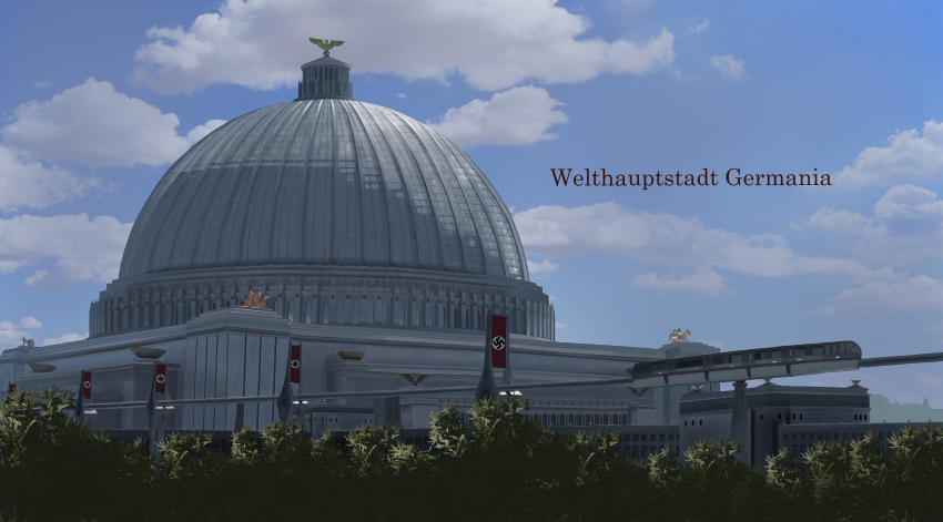absurdres aerial_tram alternate_universe bad_end berlin building cityscape cloud commentary_request dome german_commentary germany highres lights nazi_flag no_humans pillar real_life realistic reichsadler science_fiction the_man_in_the_high_castle train tree victory volkshalle world_war_ii