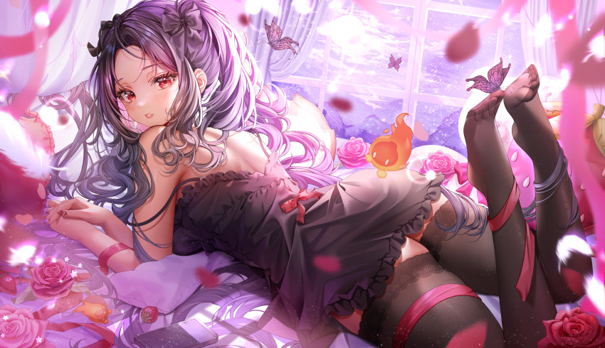 1girl absurdres black_bow black_hair black_nightgown black_thighhighs bow bug butterfly butterfly_on_foot curtains dark-skinned_female dark_skin eyelashes feathers feet flower food fruit hair_bow highres insect isari_sensei leg_ribbon long_hair lying mascot mole mole_under_eye nightgown nijisanji nijisanji_en on_bed on_stomach parted_lips pillow pink_flower pink_ribbon pink_rose red_bow red_eyes red_flower red_rose ribbon rose scarle_yonaguni scarle_yonaguni_(3rd_costume) second-party_source sleepwear solo star_(symbol) strap_slip strawberry streamers thighhighs toes virtual_youtuber white_feathers window