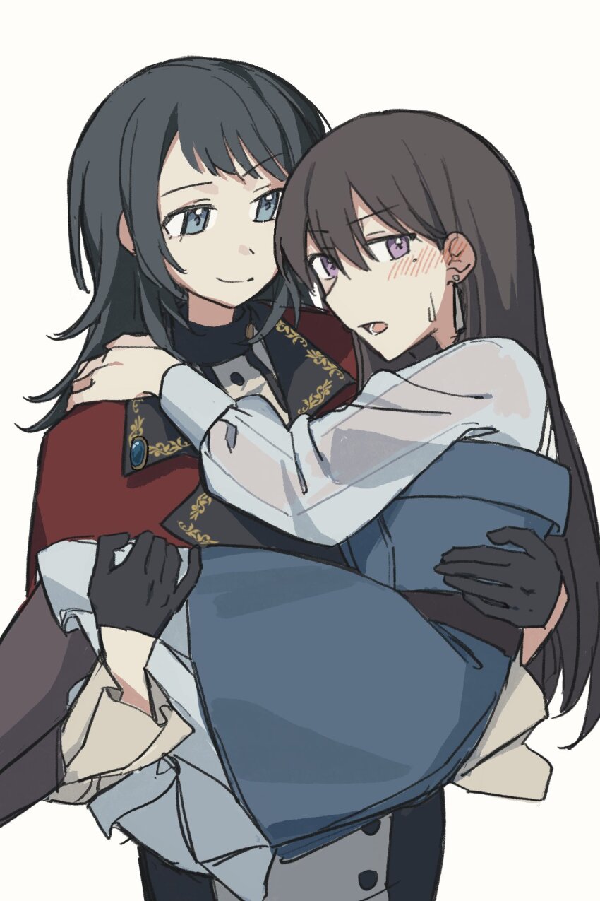 2girls bang_dream! bang_dream!_it&#039;s_mygo!!!!! black_gloves black_hair blue_dress blue_eyes blush brown_hair capelet carrying chinese_commentary closed_mouth commentary_request dress ear_blush earrings gloves hand_on_another&#039;s_shoulder highres jenjen jewelry long_sleeves mole mole_under_eye multiple_girls open_mouth princess_carry purple_eyes red_capelet see-through_clothes see-through_sleeves shiina_taki simple_background smile timoris_(bang_dream!) white_background yahata_umiri yuri