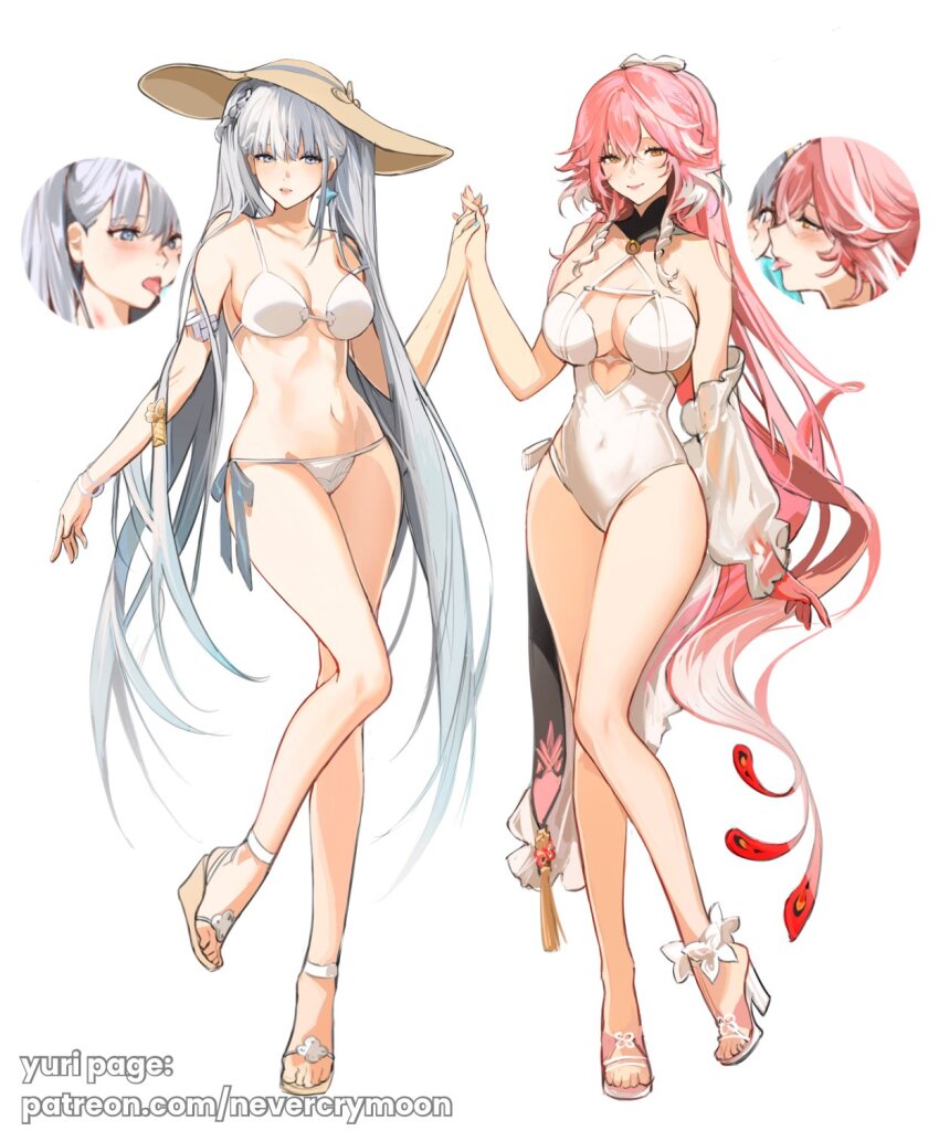 2girls alternate_costume bare_legs bare_shoulders bikini black_collar breasts casual_one-piece_swimsuit changli_(wuthering_waves) closed_mouth collar commentary english_commentary feather_hair full_body halterneck hand_grab high_heel_sandals highres jinhsi_(wuthering_waves) large_breasts legs long_hair looking_at_viewer multicolored_hair multiple_girls navel nevercrymoon one-piece_swimsuit paid_reward_available patreon_username pink_hair sandals side-tie_bikini_bottom smile stomach strap_slip swimsuit toes tongue tongue_out two-tone_hair very_long_hair white_background white_bikini white_eyes white_hair white_one-piece_swimsuit wuthering_waves yellow_eyes yuri