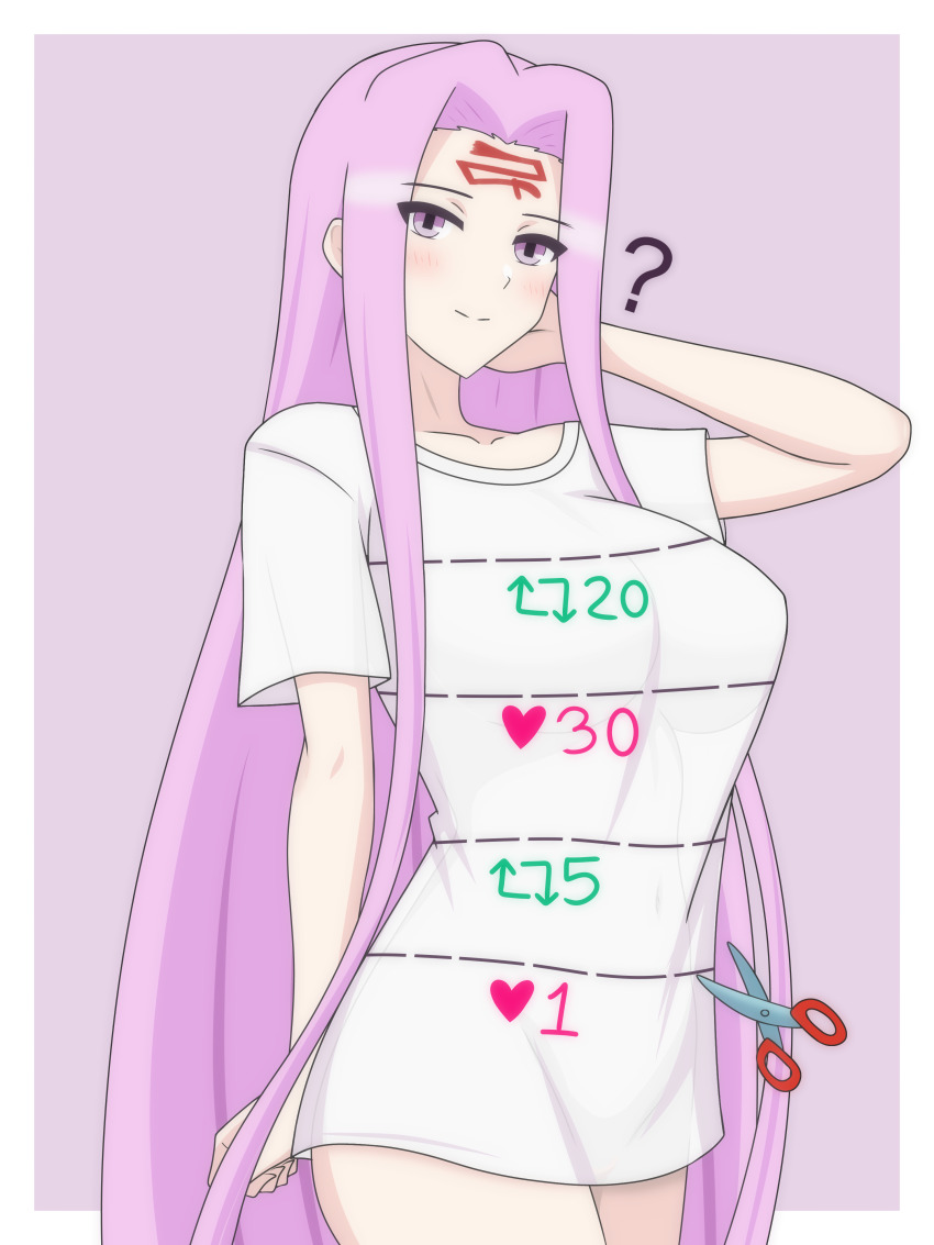 1girl ? absurdres blush border breasts closed_mouth collarbone cowboy_shot dani_(angrymatthew) eyebrows_hidden_by_hair eyes_visible_through_hair facial_mark fate/grand_order fate/stay_night fate_(series) forehead_mark hand_on_own_face highres large_breasts long_bangs long_hair looking_at_viewer medusa_(fate) medusa_(rider)_(fate) meme naked_shirt outside_border oversized_clothes oversized_shirt parted_bangs purple_background purple_eyes purple_hair scissors shirt smile solo standing t-shirt thighs twitter_cutting_game very_long_hair white_border white_shirt zenra