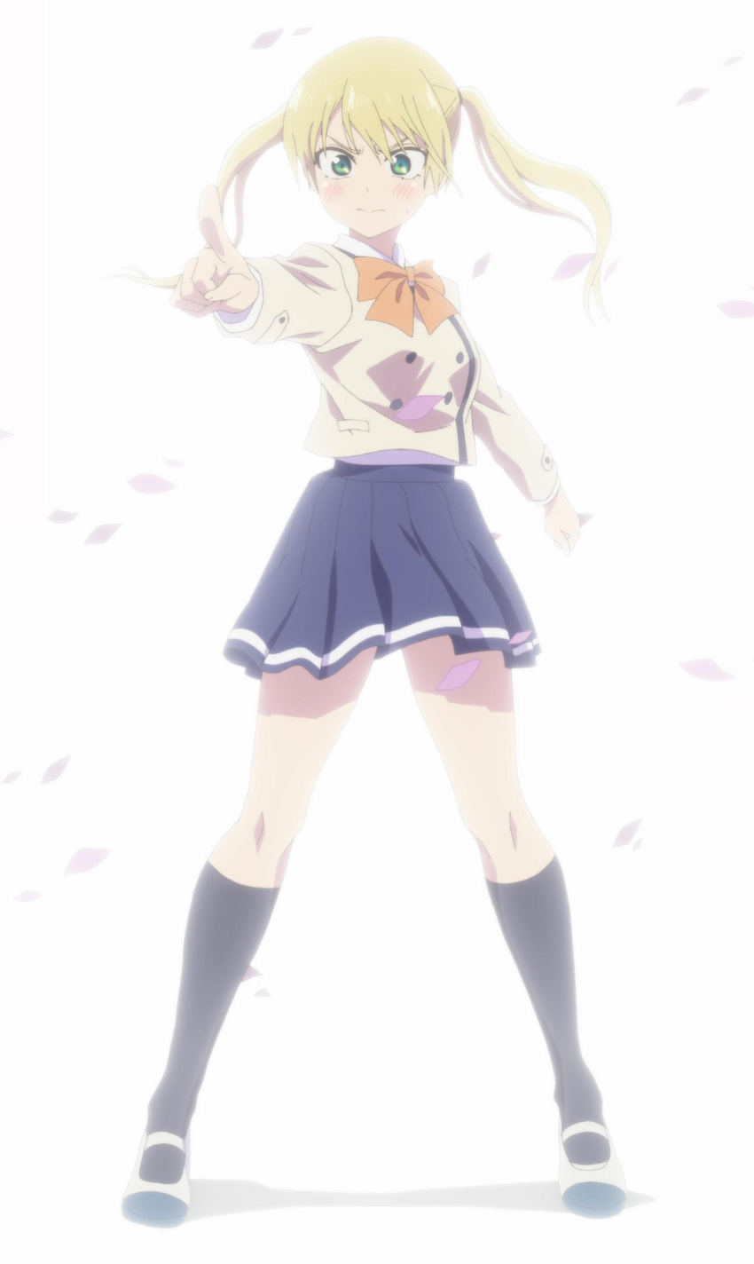 1girl absurdres anime_screenshot black_socks blazer blonde_hair blue_skirt blush bow bowtie breasts bright_background cherry_blossoms closed_mouth collared_shirt dot_nose falling_petals female_focus full_body green_eyes highres hoshizaki_rika_(kanojo_mo_kanojo) jacket kanojo_mo_kanojo large_breasts legs long_hair long_sleeves miniskirt orange_bow orange_bowtie petals pleated_skirt pointing pointing_at_viewer school_uniform shirt shirt_tucked_in shoes skirt socks solo solo_focus stitched thighs third-party_edit twintails white_shirt white_shoes