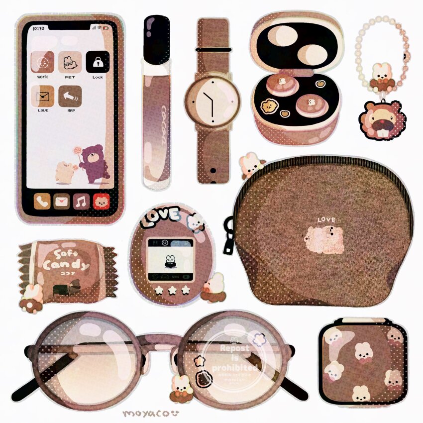 airpods artist_name bear bidoof bottle brown_theme candy candy_wrapper cellphone cellphone_charm charm_(object) commentary cosmetics creature earbuds earbuds_charging_case earphones english_commentary english_text flower food game_freak gen_4_pokemon headphones highres holding holding_flower lipgloss_tube moyaco nintendo no_humans original phone pokemon pouch signature simple_background smartphone solid_circle_eyes solid_eyes sticker sunglasses tamagotchi_(virtual_pet) watch white_background wireless_earphones wristwatch