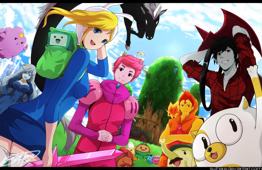10s 2013 2girls 3boys adventure_time black_hair blonde_hair blue_eyes bmo breasts cake_(adventure_time) cartoon_network character_request cinnamon_bun_(female) cleavage crown dutch_angle facial_hair fionna_campbell flambo flame_prince gender_request genderswap happy highres ice_queen_(adventure_time) large_breasts looking_at_viewer looking_back lord_monochromicorn lumpy_space_prince marshall_lee miniskirt multiple_boys multiple_girls mustache one_eye_closed open_mouth outdoors pink_hair plaid_clothes plaid_shirt prince prince_bubba_gumball prince_gumball queen red_eyes shirt signature skirt smile starchy_(female) suihara tagme thighhighs tree_trunks_(male) zettai_ryouiki