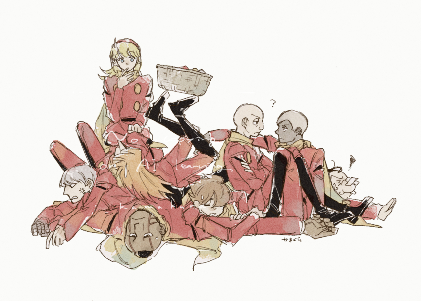 1girl absurdres albert_heinrich blonde_hair chang_changku coat cyborg cyborg_009 francoise_arnoul geronimo_jr great_britain_(cyborg_009) hair_over_one_eye hairband highres ivan_whisky jet_link kmkr_umi long_hair pyunma red_coat red_hairband scarf shimamura_joe short_hair yellow_scarf