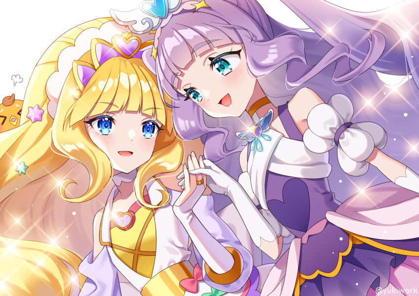 &gt;_&lt; 2girls aqua_sailor_collar blonde_hair blue_eyes blunt_bangs bridal_gauntlets brooch clothing_cutout cure_finale cure_majesty delicious_party_precure dress dutch_angle elbow_gloves gloves hair_ornament head_tilt heart heart_brooch hirogaru_sky!_precure holding_hands in-franchise_crossover jewelry long_hair looking_at_another magical_girl multicolored_dress multiple_girls open_mouth precure puff_of_air purple_dress purple_hair sailor_collar shoulder_cutout side-by-side smile sparkle tiara twitter_username two_side_up white_gloves wide_ponytail wing_brooch wing_hair_ornament yukinko_(yukiwork) yuunagi_tsubasa yuunagi_tsubasa_(bird)