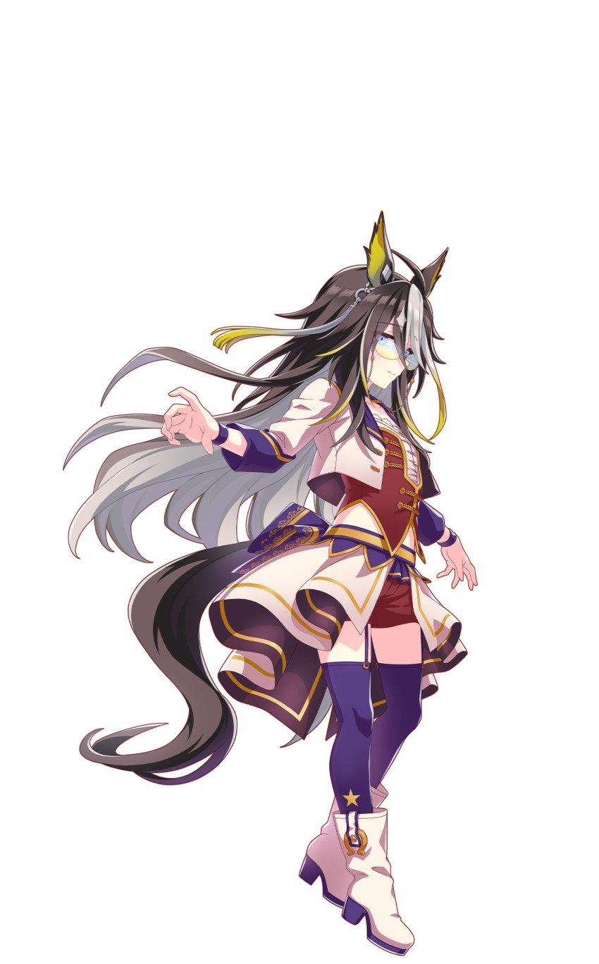 1girl ahoge animal_ears back_ribbon black_hair blonde_hair blue_eyes breasts bright_pupils closed_mouth collarbone dream_journey_(umamusume) earrings full_body glasses highres horse_ears horse_girl horse_tail jewelry long_hair looking_at_viewer midriff multicolored_hair navel official_alternate_costume official_art ribbon shoes shorts single_earring small_breasts solo starting_future_(umamusume) streaked_hair tachi-e tail thighhighs thighs transparent_background umamusume white_hair white_pupils white_shoes wristband