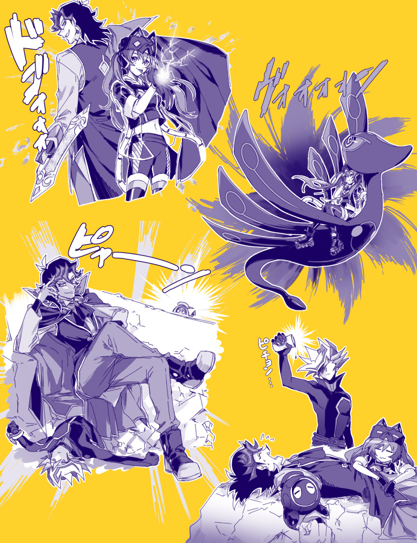 1girl 2boys :3 ai_(yu-gi-oh!) closed_eyes commentary_request cosplay crossed_legs cup danmari_@ignister duel_disk duel_monster eldlich_the_golden_lord eldlich_the_golden_lord_(cosplay) electricity forbidden_droplet forbidden_droplet_(cosplay) fujiki_yusaku full_body gloves hat highres holding holding_cup i:p_masquerena jacket knightmare_unicorn knightmare_unicorn_(cosplay) linkuriboh long_hair long_sleeves lying midriff monochrome multiple_boys navel on_back partially_colored playmaker_(yu-gi-oh!) pouring riding shoes short_sleeves shorts simple_background sleeveless sleeveless_jacket sosamoto_(tvny2528) spyral_double_helix spyral_double_helix_(cosplay) tongue tongue_out twintails yellow_background yu-gi-oh!