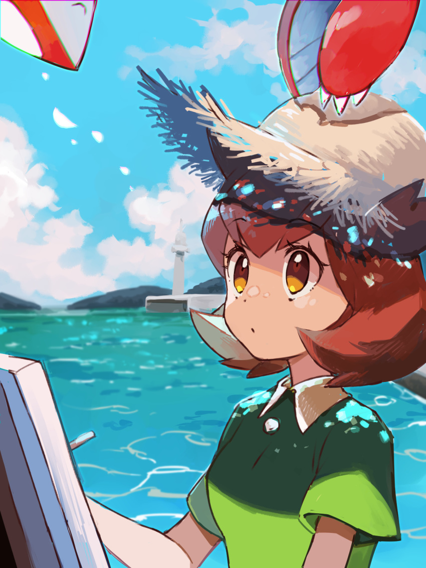 1girl bianca_(pokemon_heroes) brown_eyes brown_hair canvas_(object) closed_mouth cloud commentary_request day eyelashes flipped_hair gen_3_pokemon green_shirt hat highres latias legendary_pokemon medium_hair nintendo outdoors pokemon pokemon_(anime) pokemon_(classic_anime) pokemon_(creature) pokemon_heroes:_latios_&amp;_latias sasairebun shirt short_sleeves sky straw_hat water