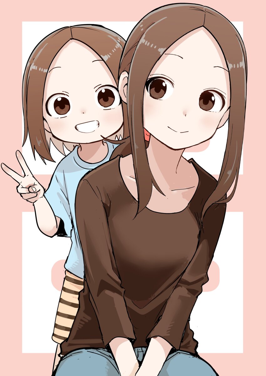 2girls absurdres behind_another black_shirt blue_shirt breasts brown_hair child crew_neck denim forehead grin hairband hands_on_lap highres inaba_mifumi jeans karakai_jouzu_no_(moto)_takagi-san karakai_jouzu_no_takagi-san long_hair looking_at_another looking_at_viewer mother_and_daughter multiple_girls nishikata_chii pants parted_bangs ponytail scoop_neck shirt short_hair short_sleeves shorts sitting small_breasts smile striped_clothes striped_shorts takagi-san v