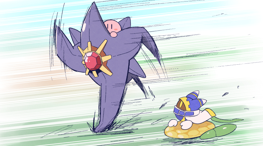 blush_stickers cape crossover formula_star full_body gen_1_pokemon highres kirby kirby_(series) kirby_air_ride kirby_air_riders kurachi_mizuki looking_at_another magolor mega_pokemon mega_starmie motion_lines nintendo no_humans pokemon pokemon_(creature) running speed_lines starmie |_|