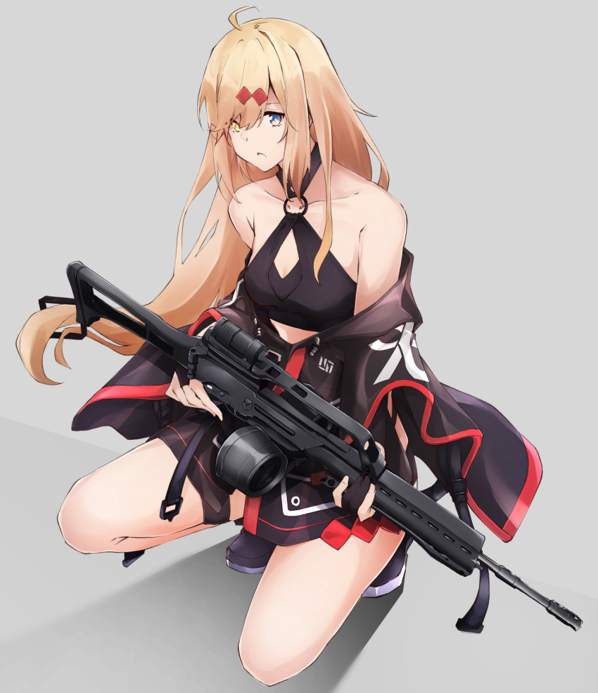1girl bare_legs bare_shoulders beta_c-mag black_gloves blonde_hair blue_eyes double-drum_magazine drum_magazine fingerless_gloves fluegel_(gumi710) girls&#039;_frontline gloves gun h&amp;k_mg36 hair_ornament heterochromia high-capacity_magazine highres holding holding_gun holding_weapon long_hair magazine_(weapon) mg36_(girls&#039;_frontline) off_shoulder solo weapon yellow_eyes