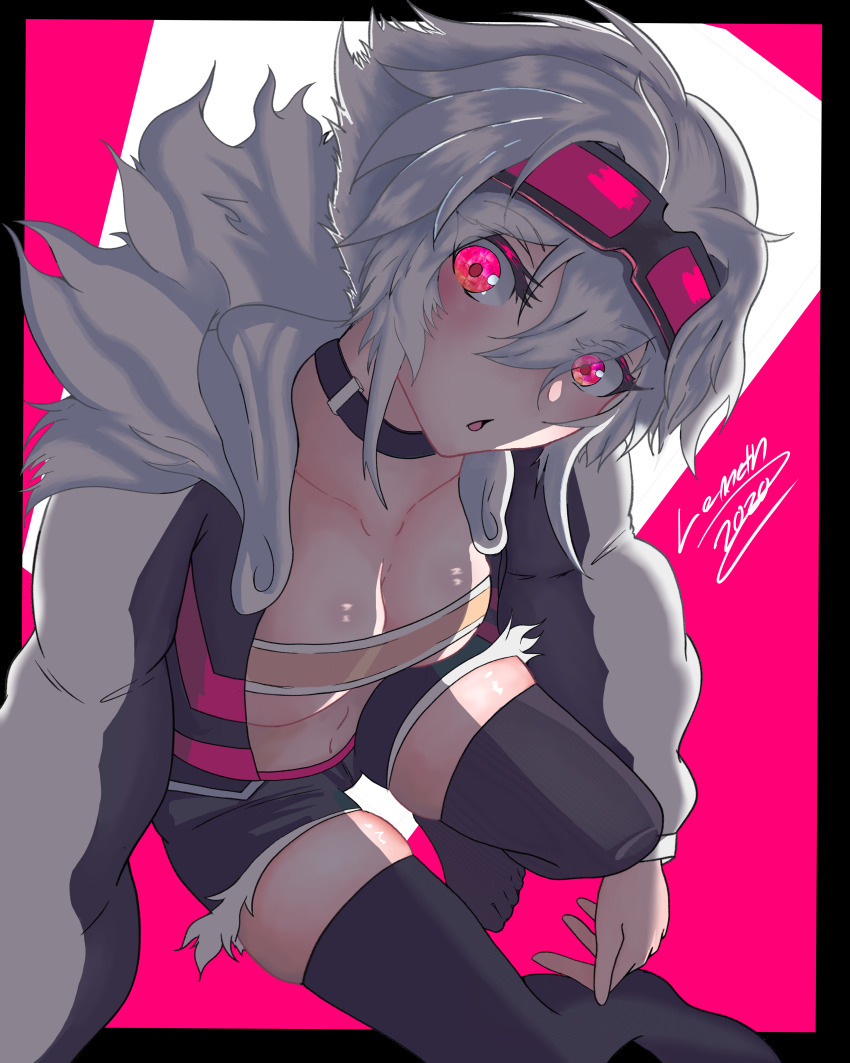 1girl absurdres borrowed_character full_body grey_hair highres niwamaru_(niwarhythm) original pink_eyes shorts solo thighhighs