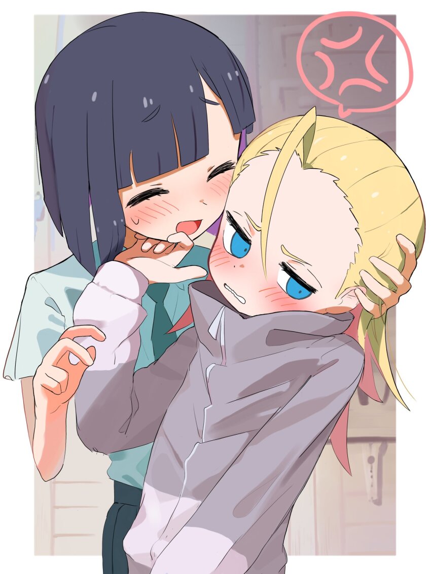 ahoge anger_vein averting_eyes black_hair blonde_hair blue_eyes blush bob_cut closed_eyes colored_inner_hair commentary do_it_yourself!! dot_nose embarrassed green_necktie grey_jacket hand_on_another&#039;s_face head_grab highres huge_ahoge indoors jacket juliet_queen_elizabeth_viii leaning_back looking_down multicolored_hair necktie open_mouth parted_bangs purple_hair saku_p school_uniform spoken_anger_vein suride_miku sweatdrop yuri